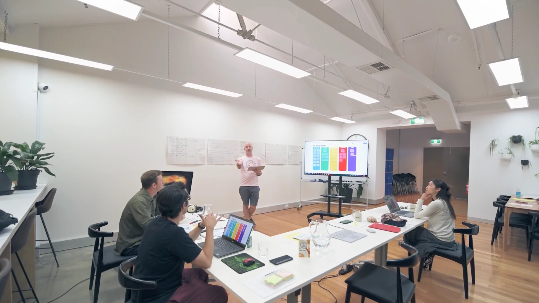 Workshop room with team reviewing the audience archetype board