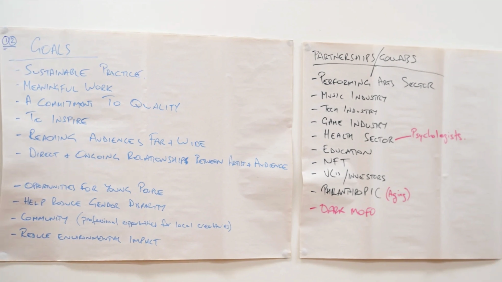 Workshop wall notes listing goals and potential partnerships