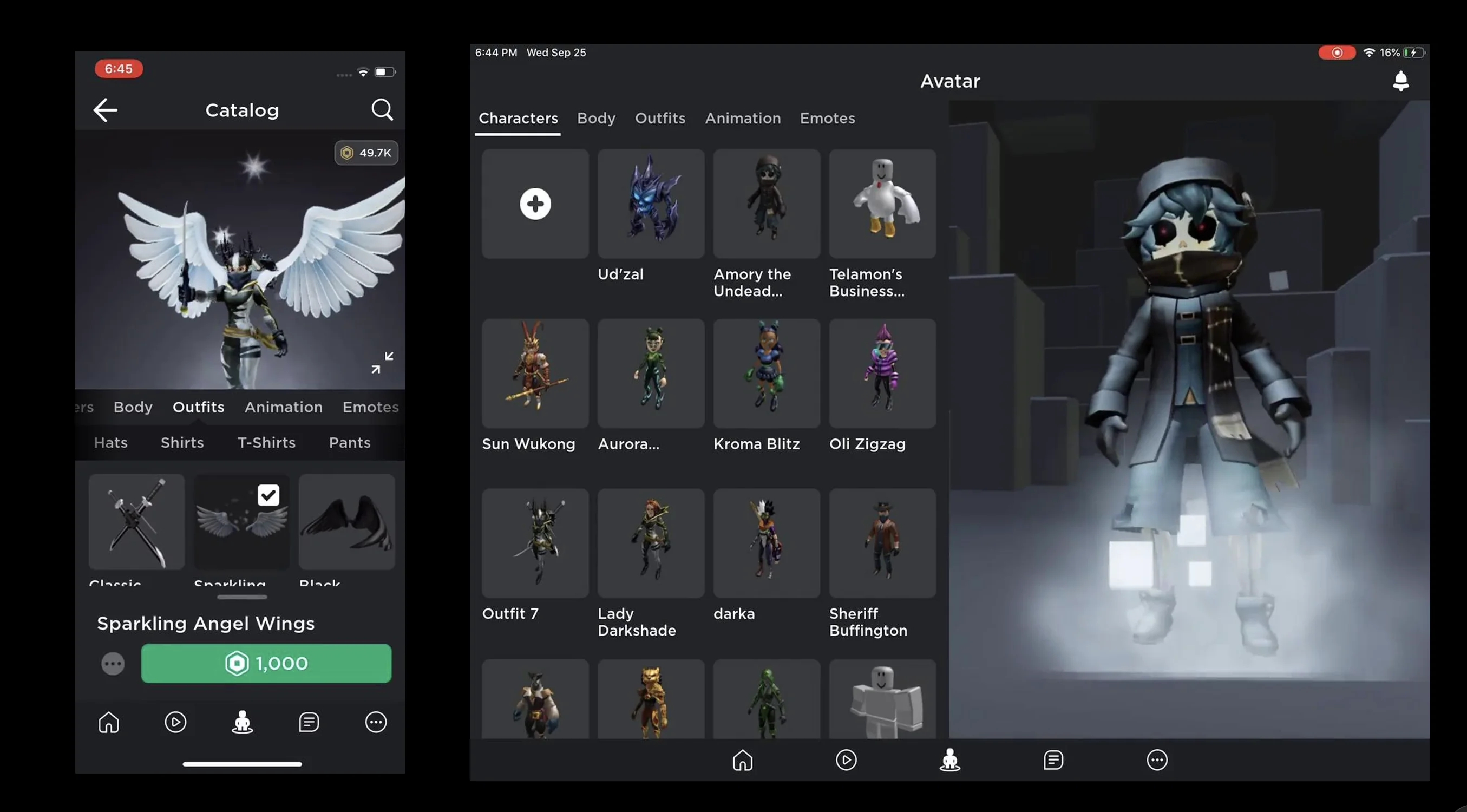 Redesigned Roblox avatar catalog and editor — dark UI, character-centric, identity-focused