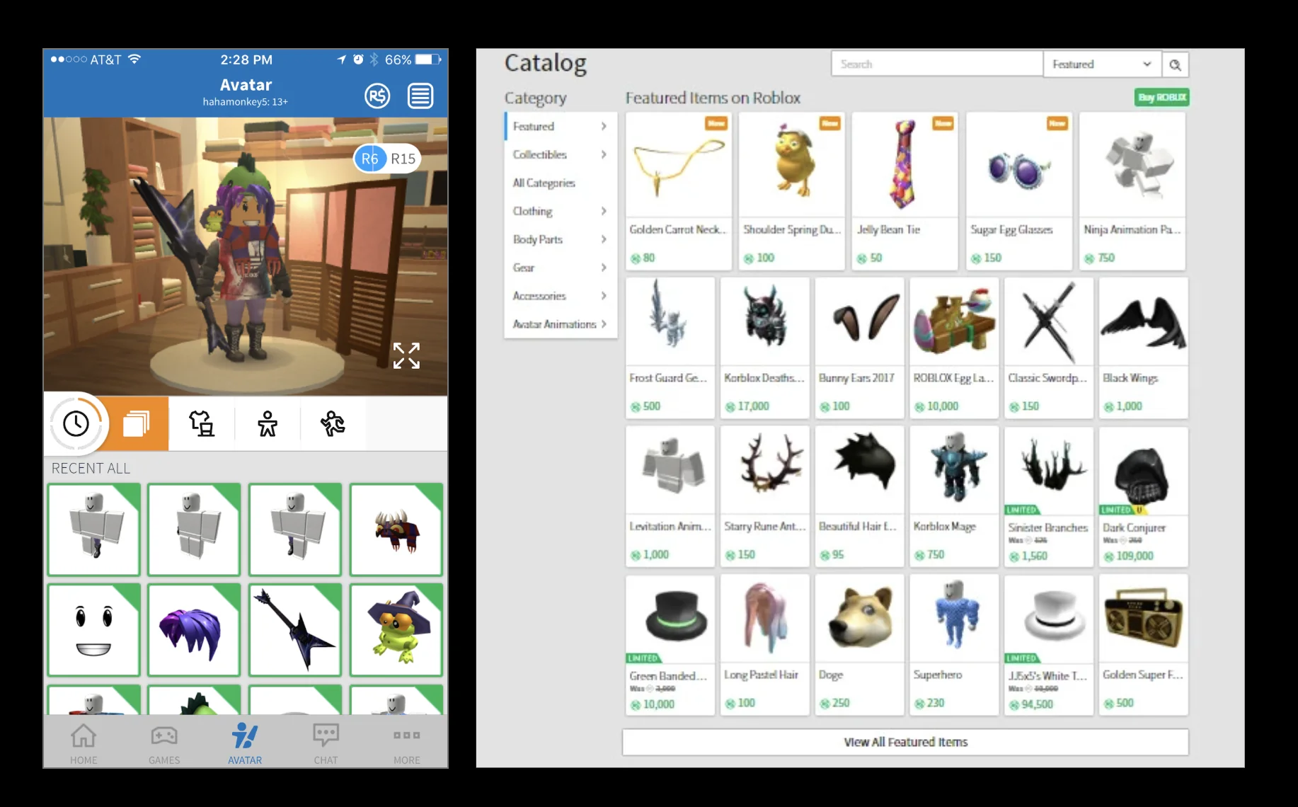 Original Roblox avatar catalog — inventory grid with category sidebar