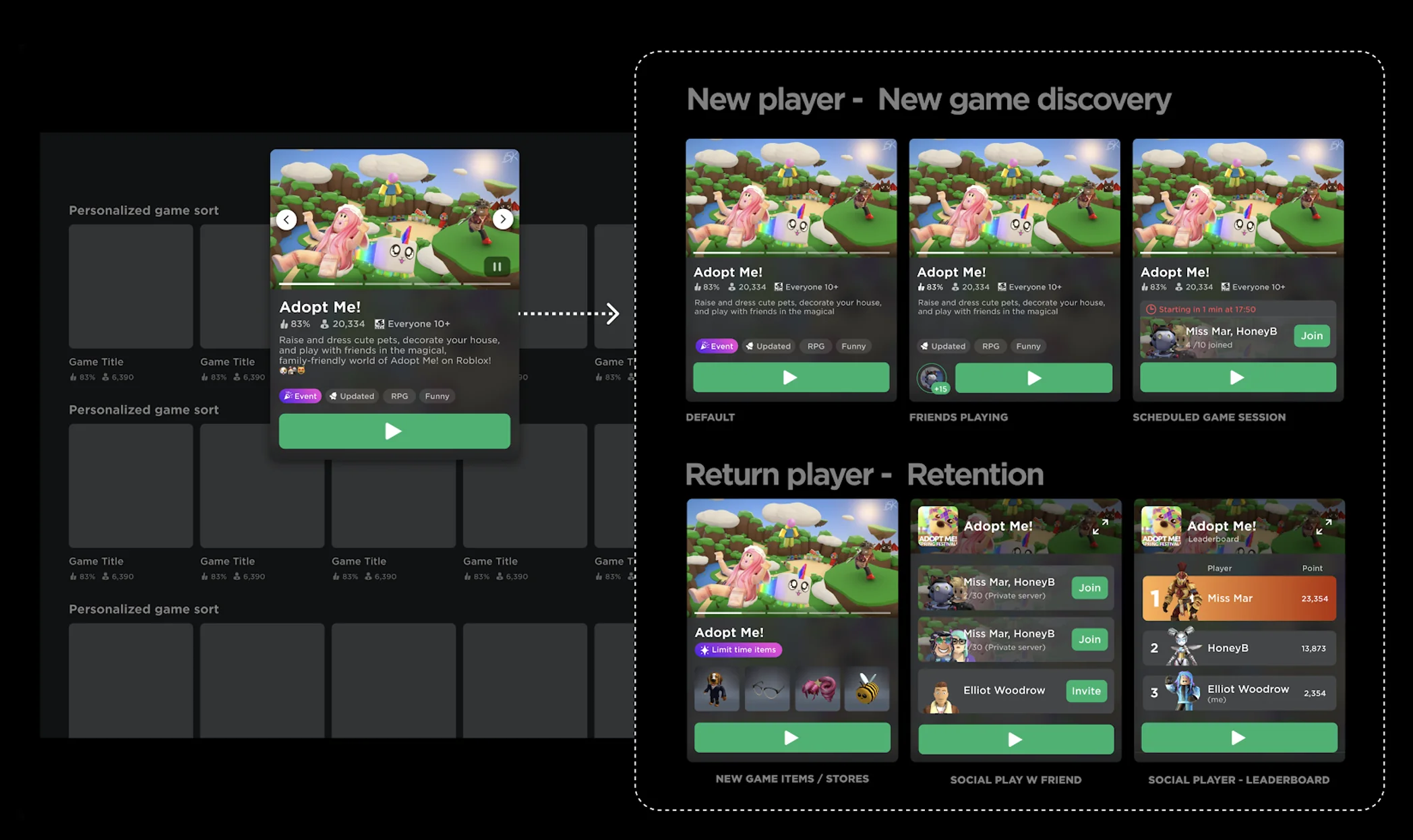 Design vision for social-aware discovery funnel with peek view states for new and returning players