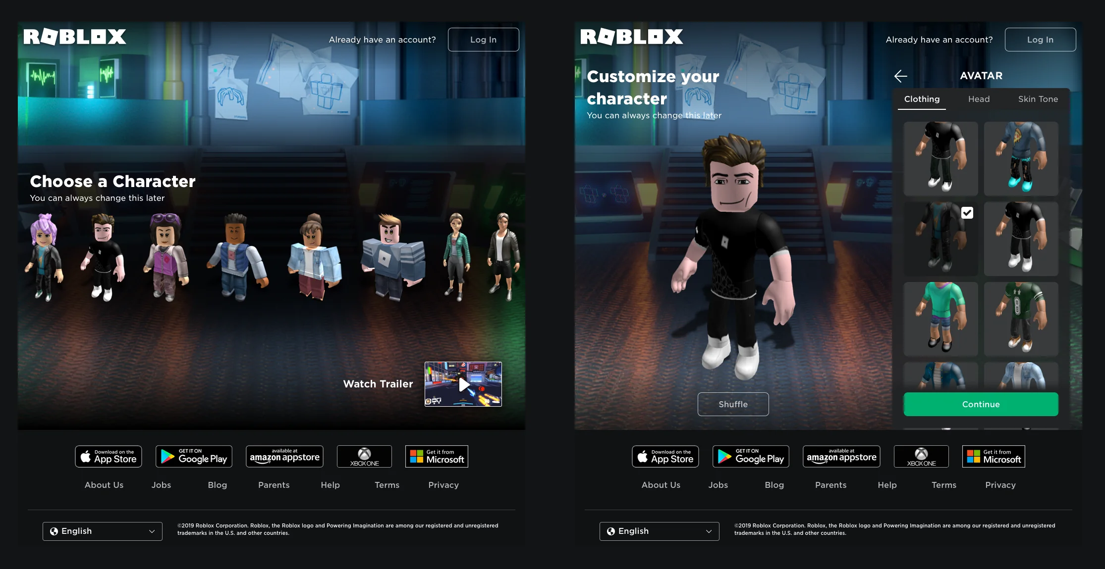 Old and new Roblox onboarding — character lineup vs. avatar customization